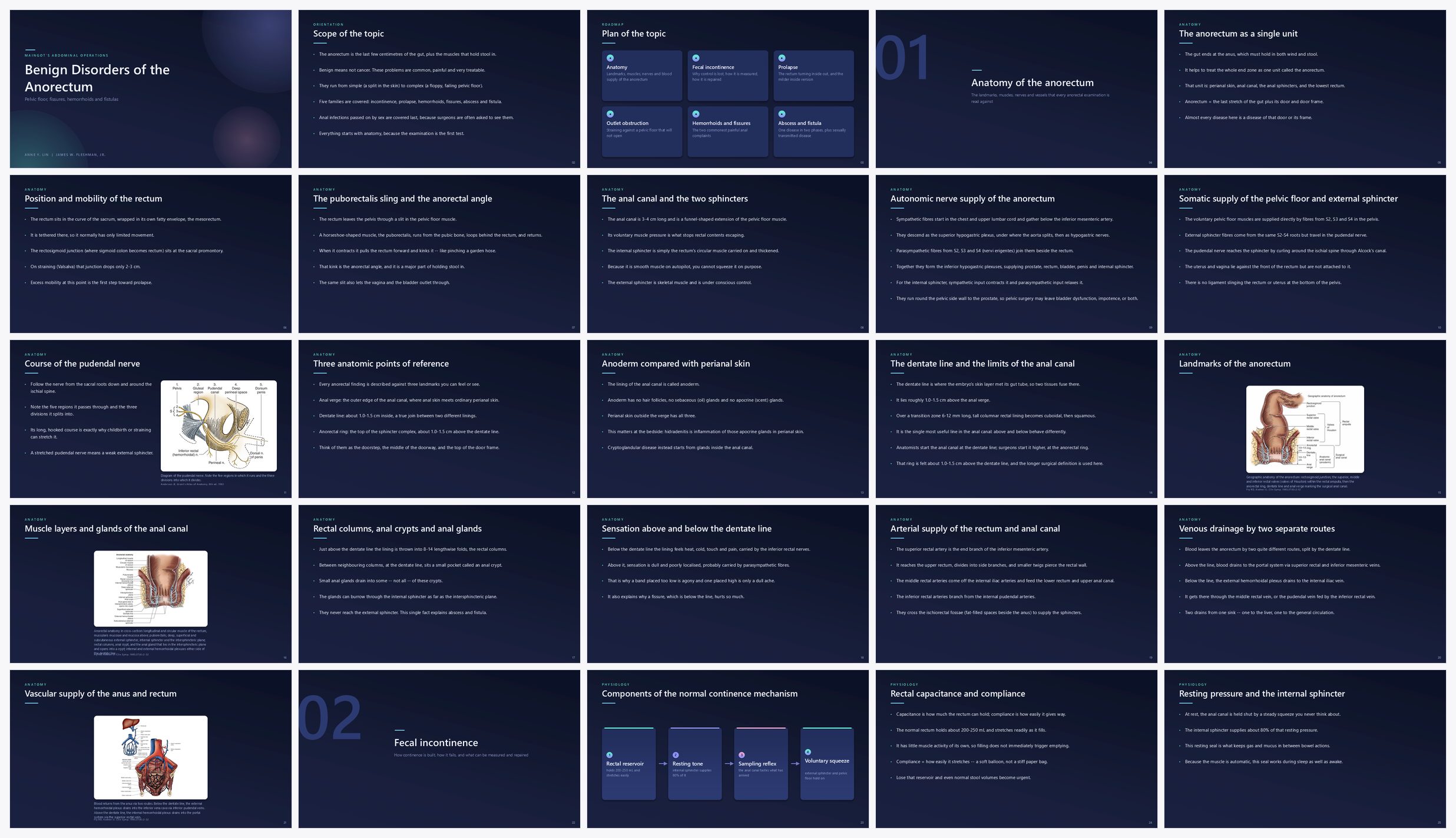 Preview of the first 25 slides of Benign Disorders of the Anorectum (Pelvic Floor, Fissures, Hemorrhoids, and Fistulas)